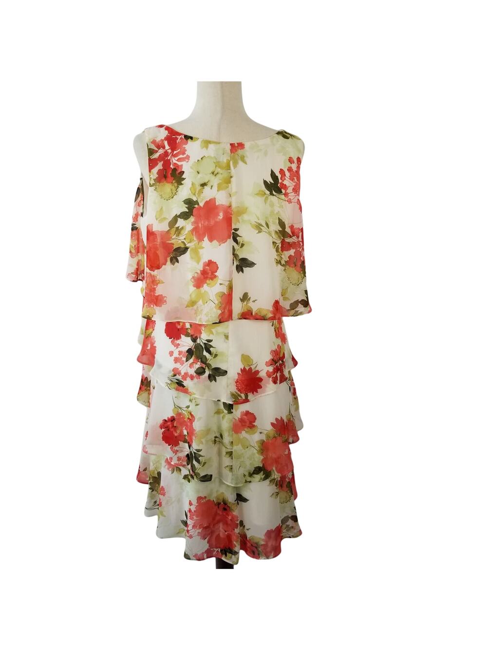 SL Fashions Red Yellow Green Cream Floral Sleeveless Tiered Ruffle Dress 14 P